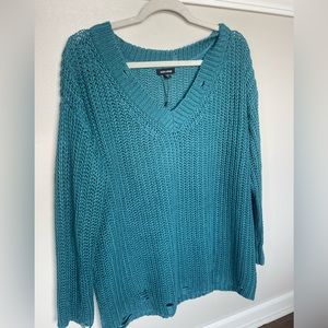Mittoshop teal oversized distressed v neck sweater M L